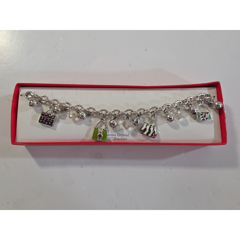 Silver Tone Handbag Charm Bracelet Genuine Crystal Purses 7.5 Inch